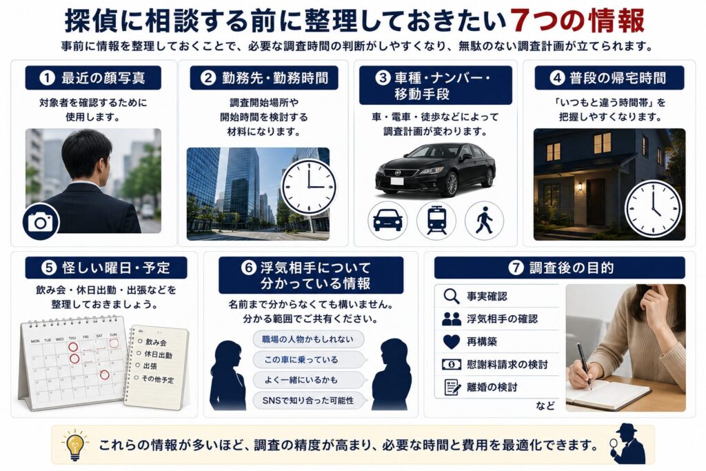 浮気調査を探偵へ相談する前に整理しておきたい7つの情報