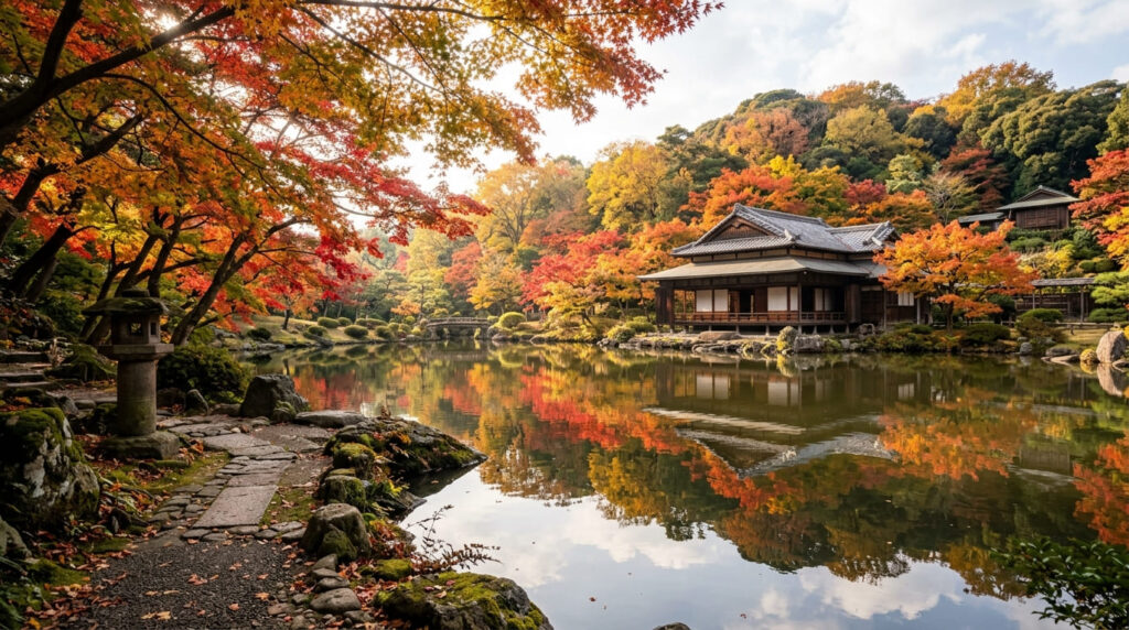 紅葉が美しい秋の横浜・三渓園の和風庭園と池の風景