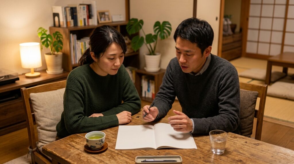 夫婦関係の再構築に向けて冷静に話し合う夫婦