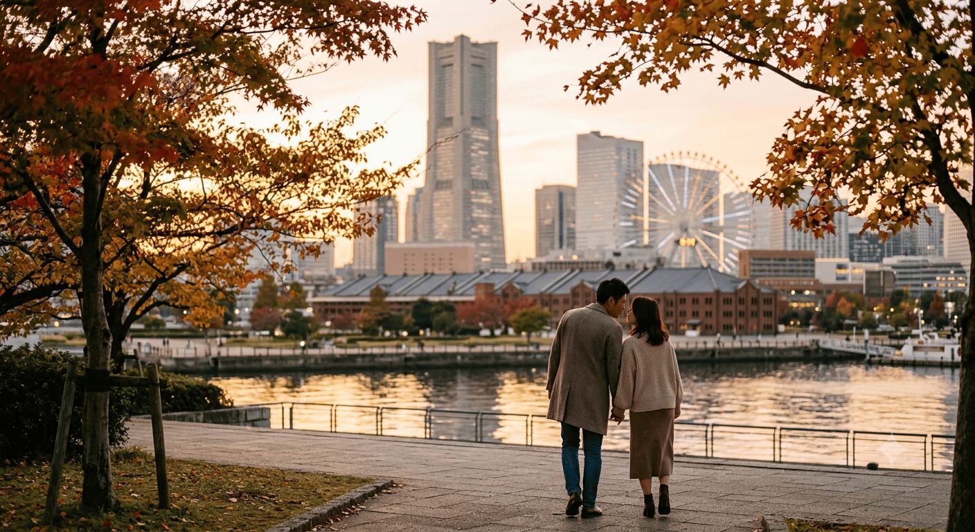 秋の夕暮れ時の横浜みなとみらい沿いを歩く男女と紅葉。遠くに赤レンガ倉庫とランドマークタワーが見える風景