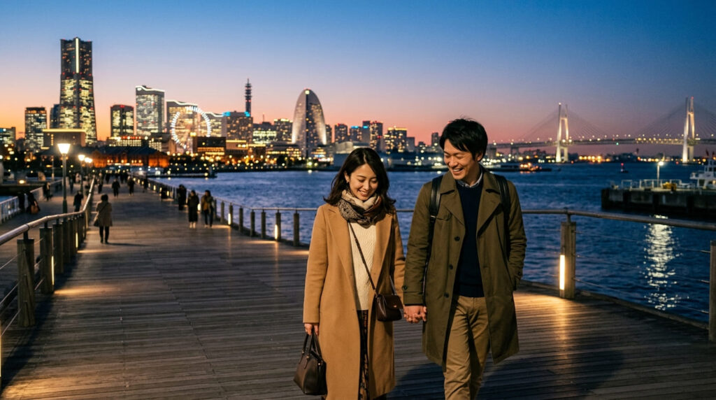 秋の夕暮れ時の横浜港のプロムナードを歩くシックな装いの男女。遠くにライトアップが始まるみなとみらいの夜景