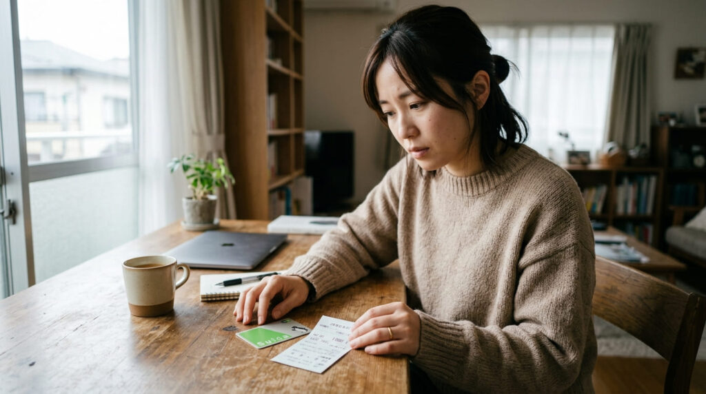 自宅でパートナーの交通系ICカードや領収書を確認しながら悩む女性