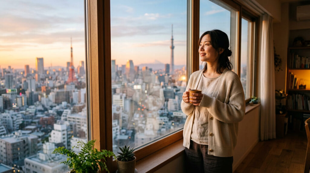 悩みが解決し前向きな表情で窓の外を見つめる日本人女性