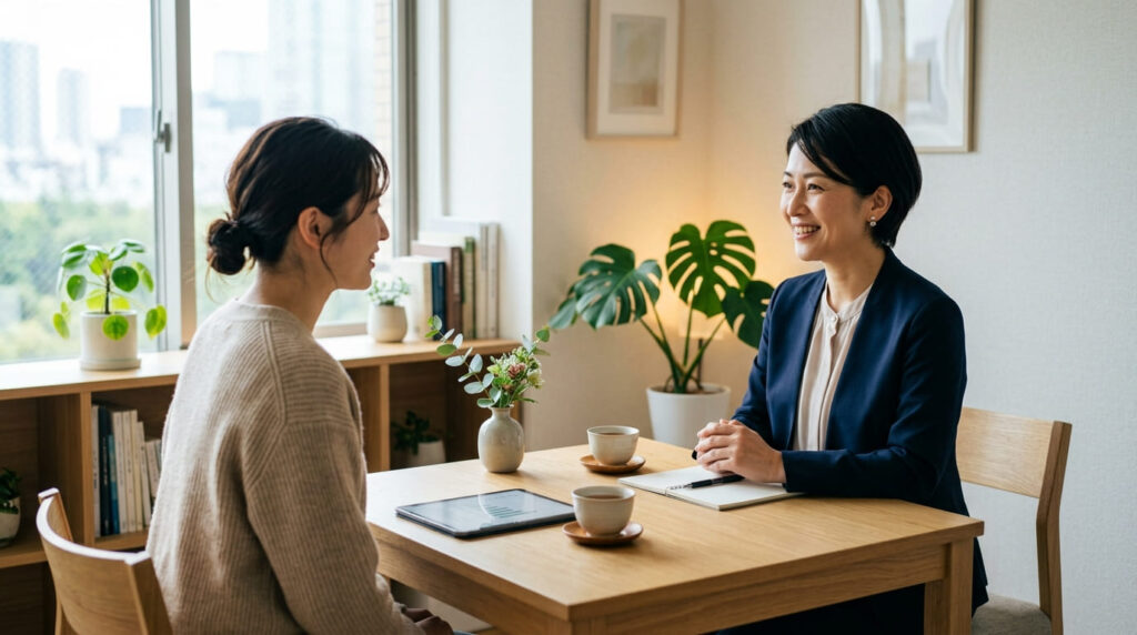 明るい相談室で親身にお悩みを聞くRESTART探偵事務所のカウセリング風景