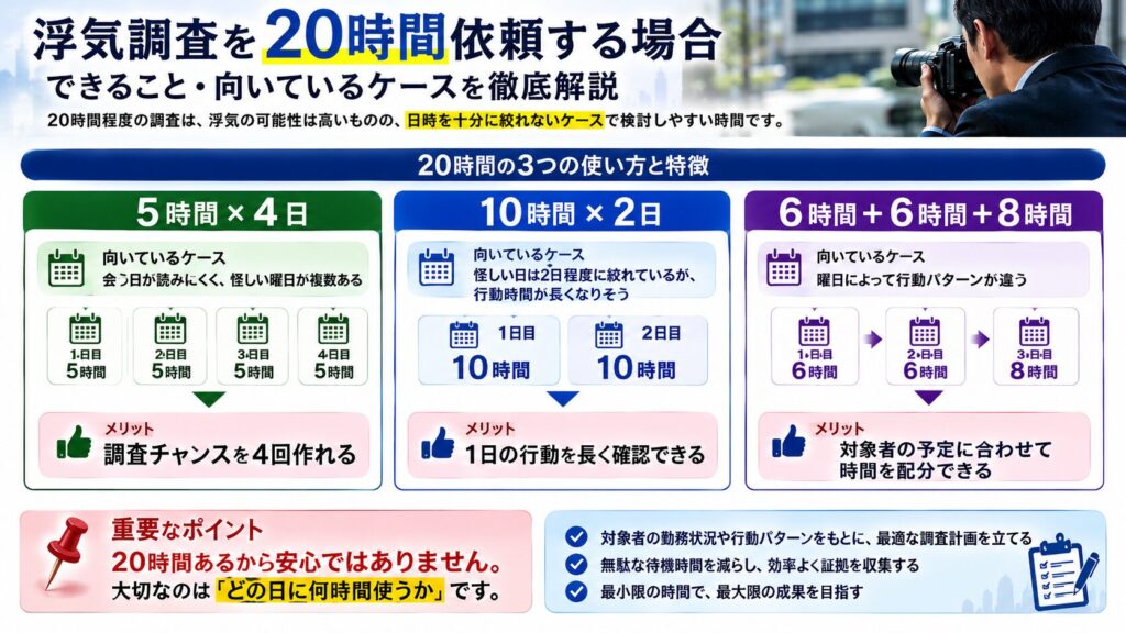浮気調査20時間の使い方を5時間4日・10時間2日などで比較した図解