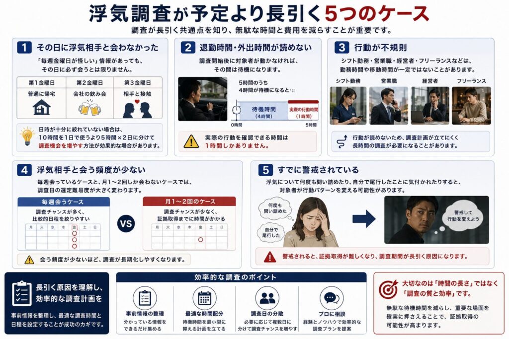 浮気調査の時間が長引きやすい5つのケース