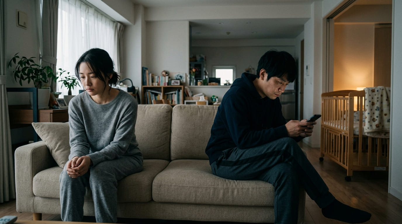 産後クライシスと夫の浮気問題に悩む夫婦のイメージ