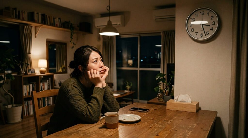 深夜の時計を見つめながらパートナーの帰宅を待つ女性の姿