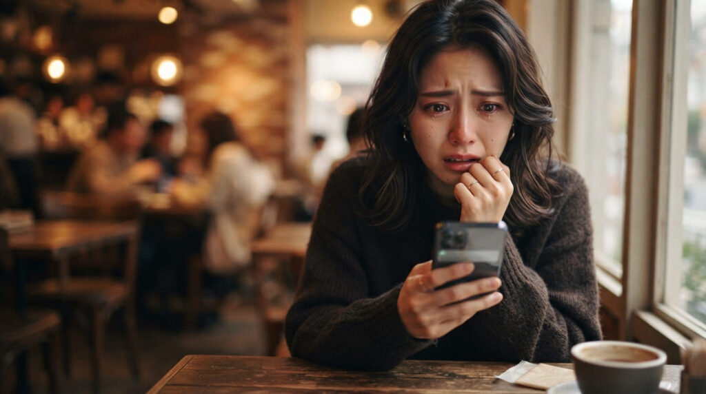不安そうな表情でスマートフォンを見つめる日本人の女性