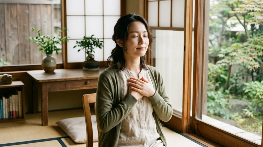 浮気を問い詰める前に深呼吸して冷静さを保つ女性の様子