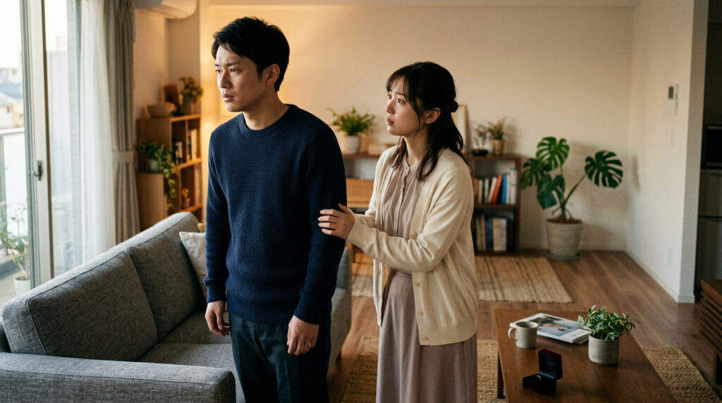 結婚を控えているにもかかわらずどこか距離を感じさせるカップルの様子