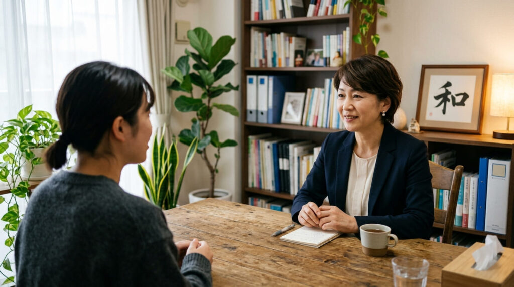 RESTART探偵事務所の清潔感ある相談ブースと落ち着いた相談風景
