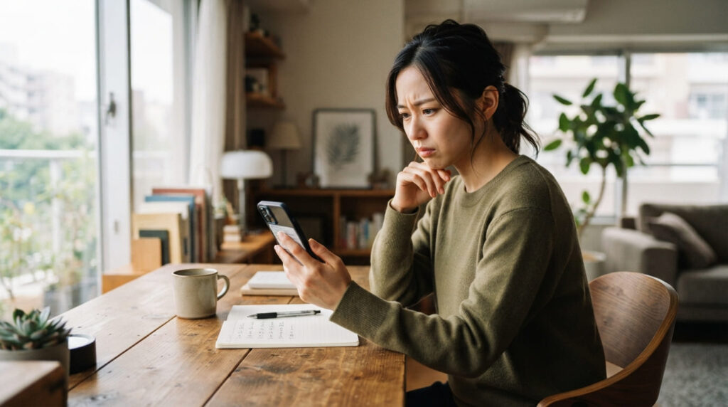 デスクでスマートフォンを見つめながら悩む日本人女性のイメージ