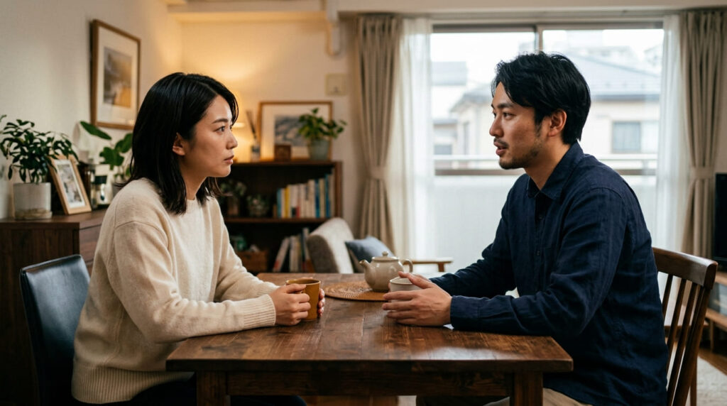 婚前調査の目的と結婚前の信用確認について考える男女のイメージ