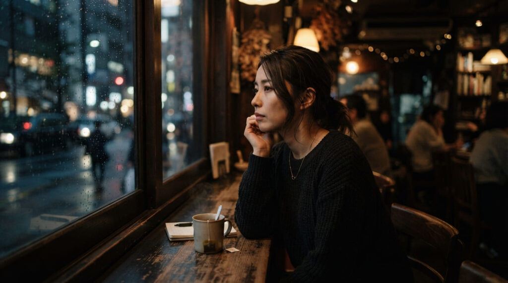 心ここにあらずといった様子で物思いにふける日本人女性のイメージ