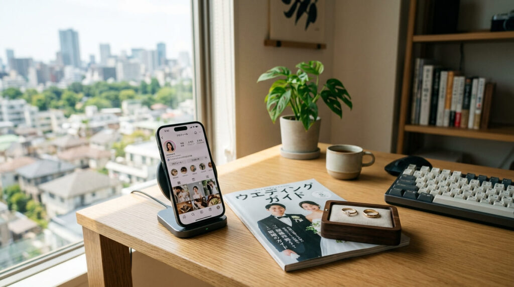 結婚情報誌や指輪の横に置かれたマッチングアプリを表示するスマートフォンのイメージ