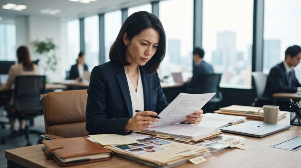 法律資料や証拠を真剣な表情で確認している様子