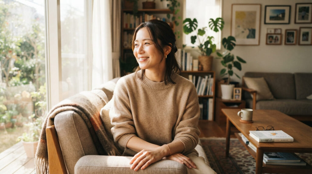 平穏な日常を取り戻し安心した笑顔を見せる日本人女性
