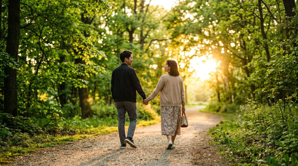 不安を解消し安心して明るい未来へ歩き出す日本人夫婦の後ろ姿