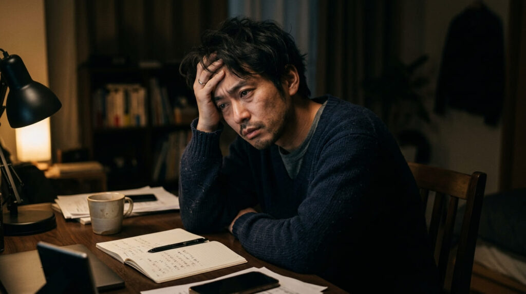 何か事情や隠し事を抱えて思い悩んでいる人物のイメージ