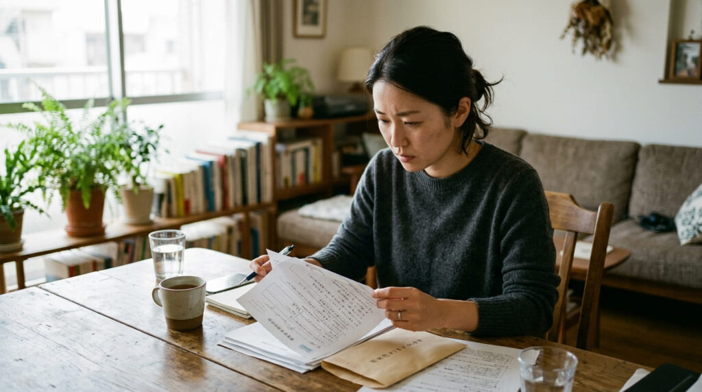 契約書や見積書を見ながら悩む日本人女性のイメージ