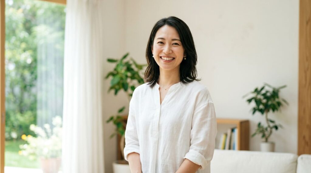 婚前調査を行うメリットを実感し前向きな笑顔を見せる日本人女性