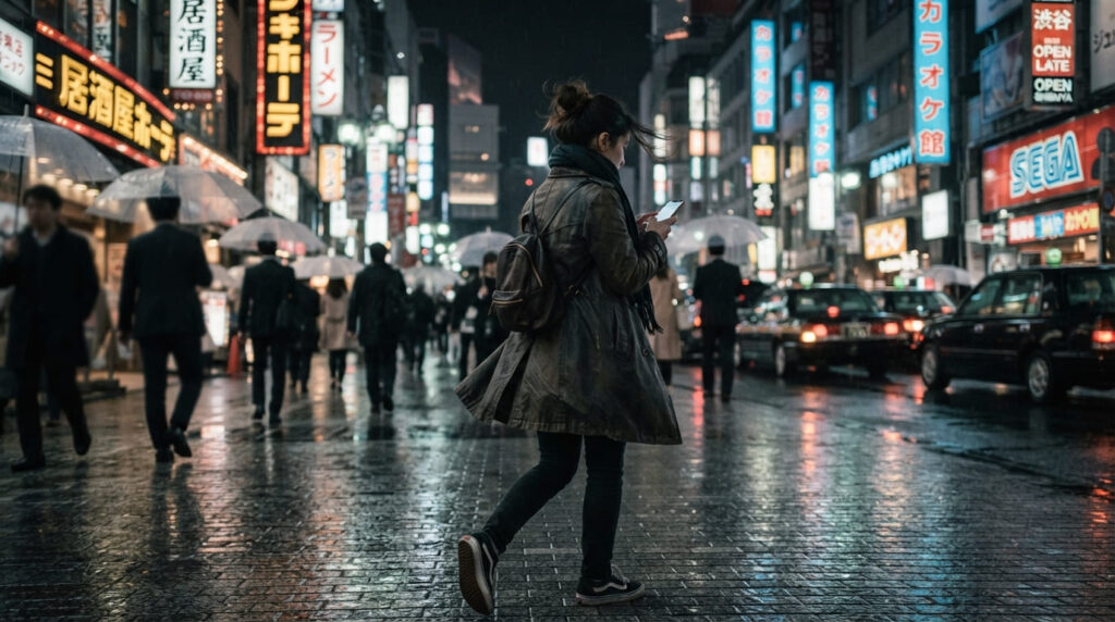 夜の街でスマホを操作しながら歩く女性のイメージ