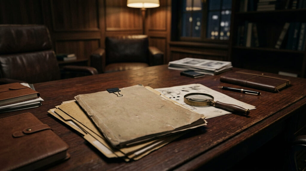 探偵事務所のデスクに広げられた身元確認や信用調査に関する調査書類と虫眼鏡
