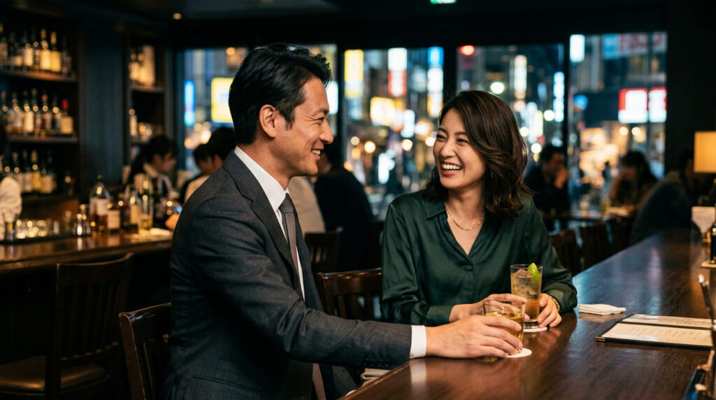 接待や飲み会を口実にバーカウンターで異性と親密に過ごすビジネスパーソン