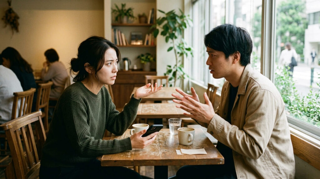 パートナーの言葉に違和感を覚えながら会話をする様子