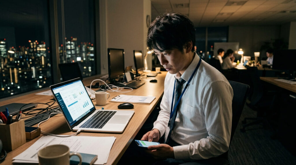 オフィスのデスクでパソコン作業の合間にスマホで連絡を取り合う様子