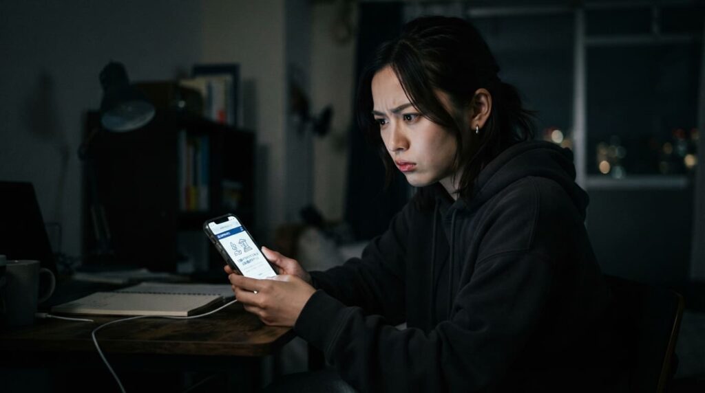 法律やリスクについてスマートデバイスで調べる日本人のイメージ