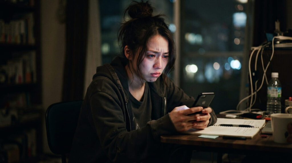 夜の暗い部屋でスマートフォンを手に悩み込む日本人女性のイメージ