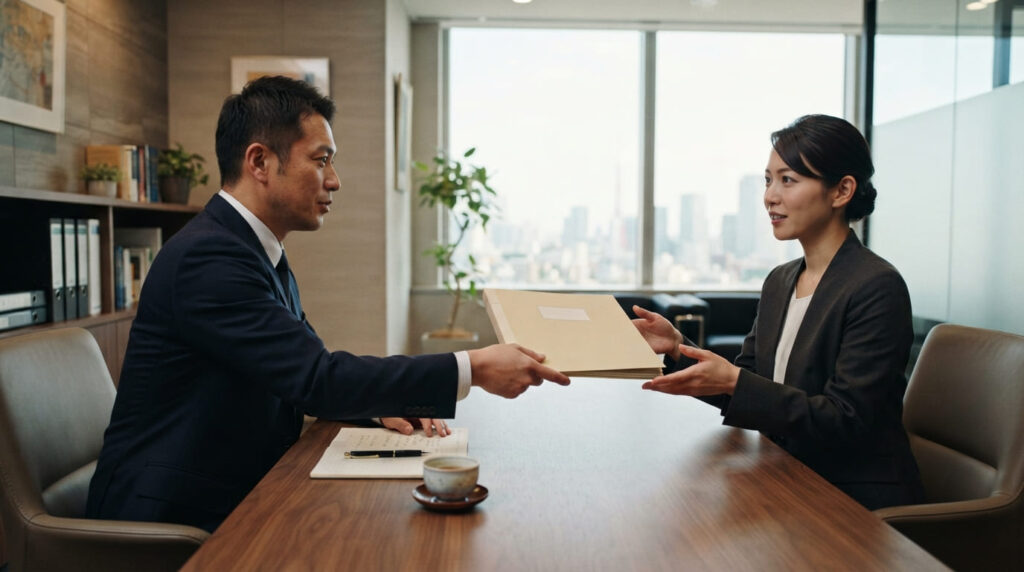 プロの探偵による婚前信用調査をイメージした資料のやり取り