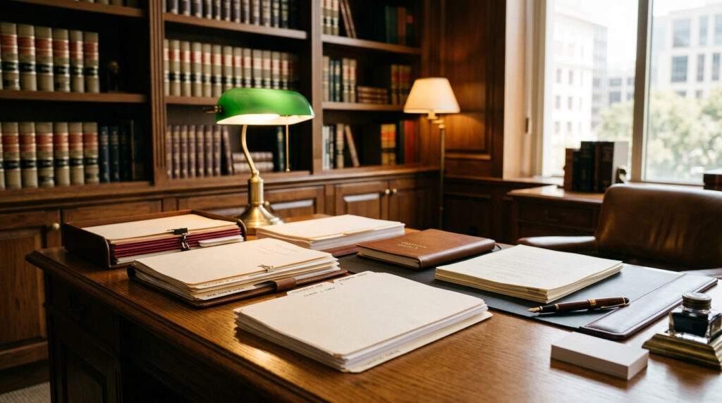 弁護士のデスクに並ぶ裁判提出用の調査報告書と資料