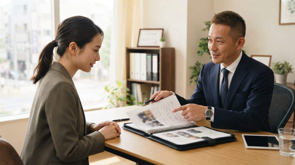 探偵から裁判で使える調査報告書を受け取り説明を受けている様子