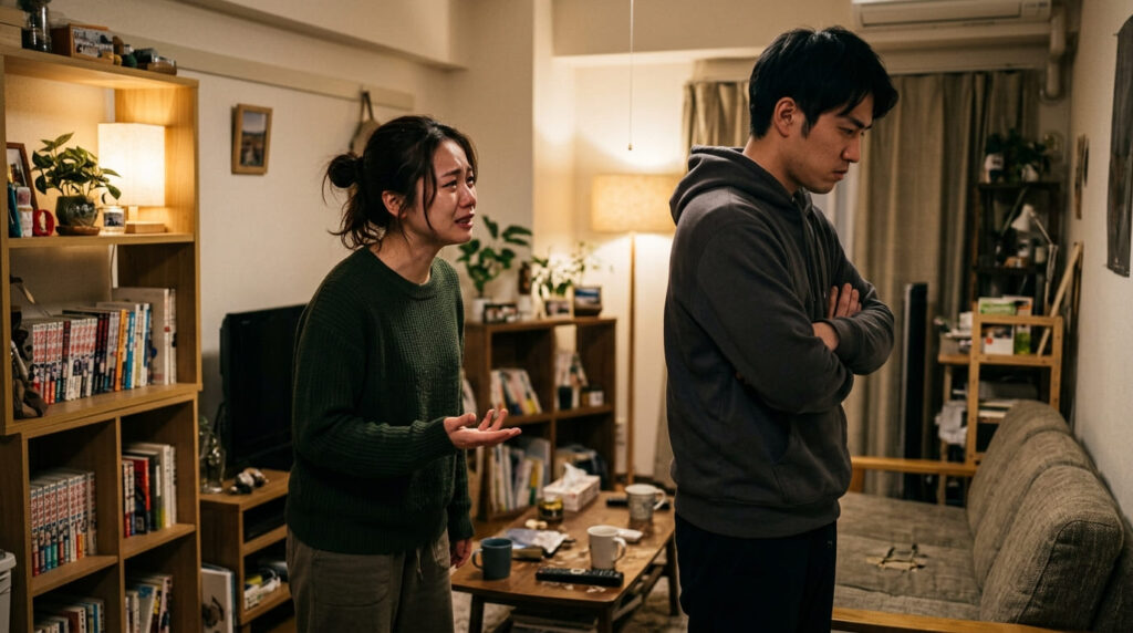 証拠がない段階で感情的にパートナーを問い詰めてしまう夫婦の様子
