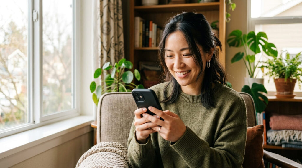 調査の進行状況をスマートフォンで確認して安心する女性