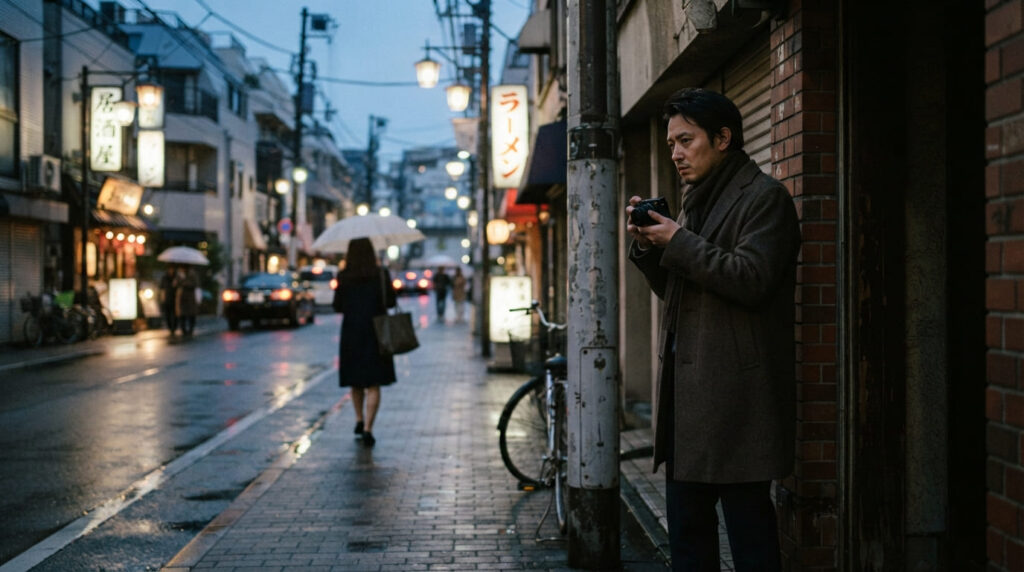 街頭で慎重に様子を伺うプロ探偵のイメージ
