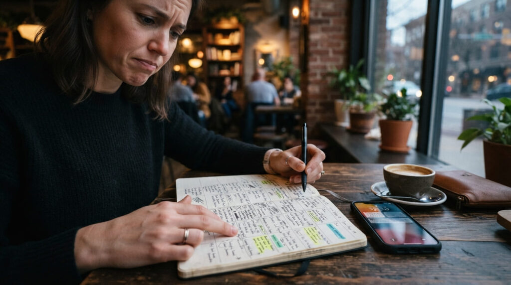 カフェのテーブルでスケジュール帳とスマホを確認するイメージ