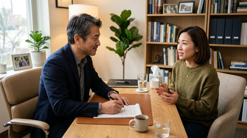 探偵事務所で丁寧なヒアリングを受けている相談者の様子