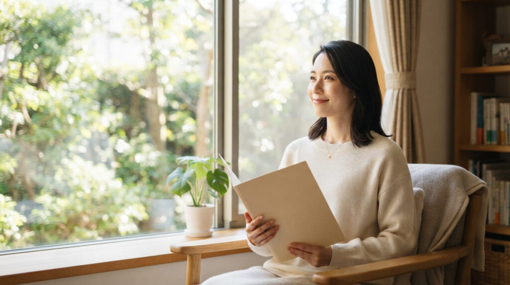 明るい窓辺で落ち着いた表情を見せる日本人女性のイメージ