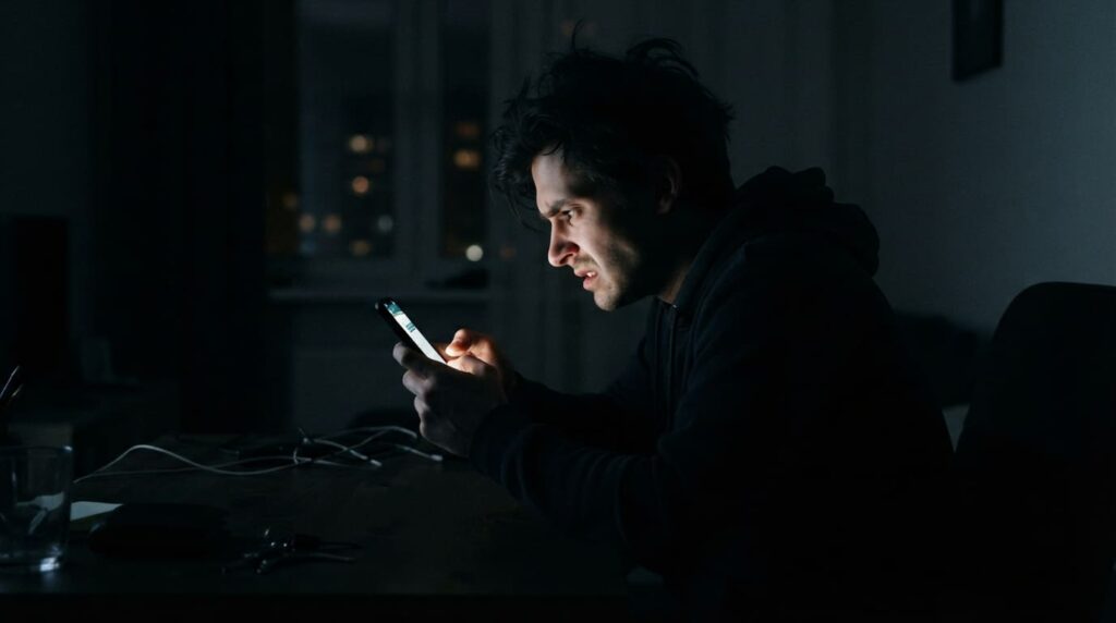 不安を抱えながらスマホを見つめる男性のイメージ