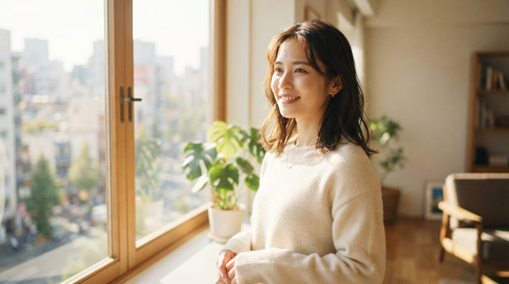 前を向いて一歩を踏み出す明るい表情の日本人女性