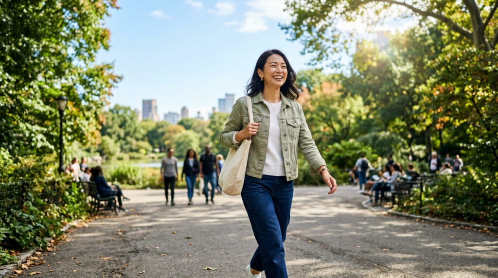 調査を終えて笑顔で前を向く日本人女性の再出発
