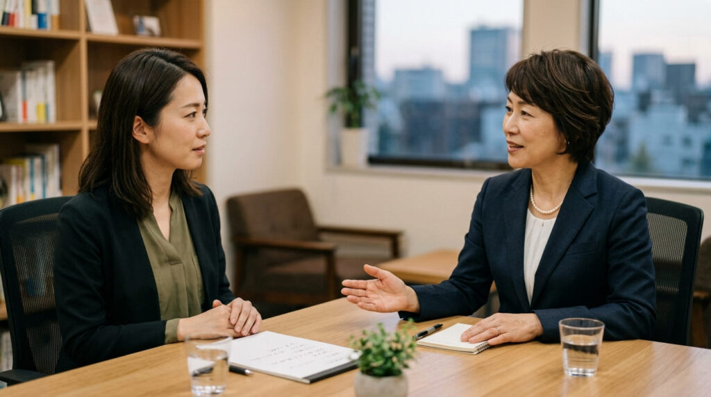 信頼できる探偵事務所の専門相談員と面談する日本人相談者