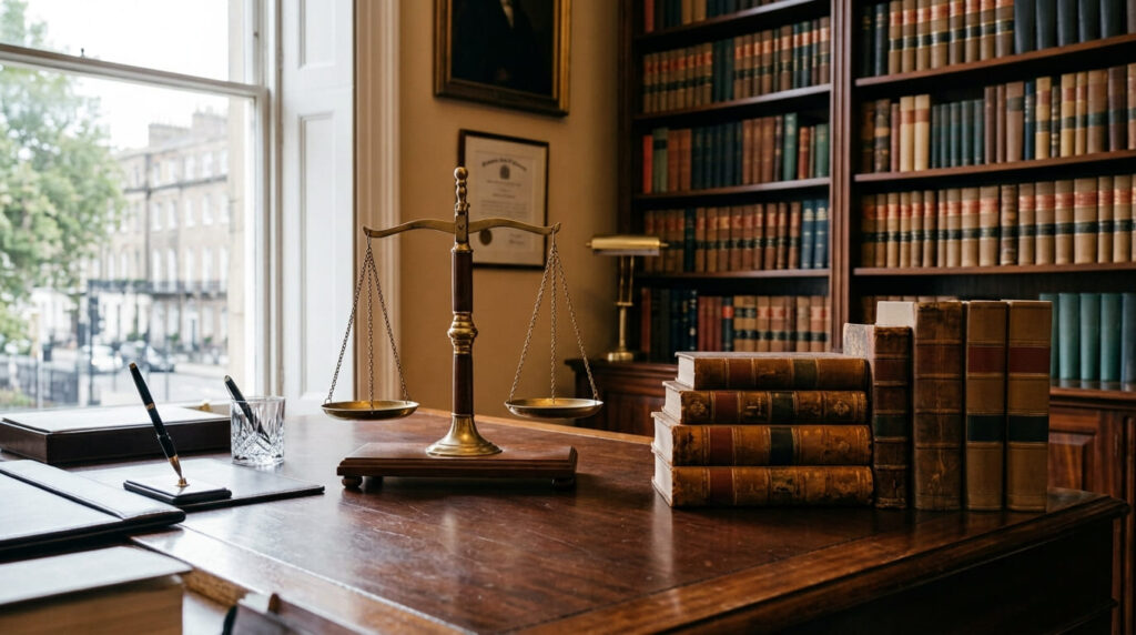 不貞行為に対する慰謝料請求や法的手続きを象徴する天秤と書類