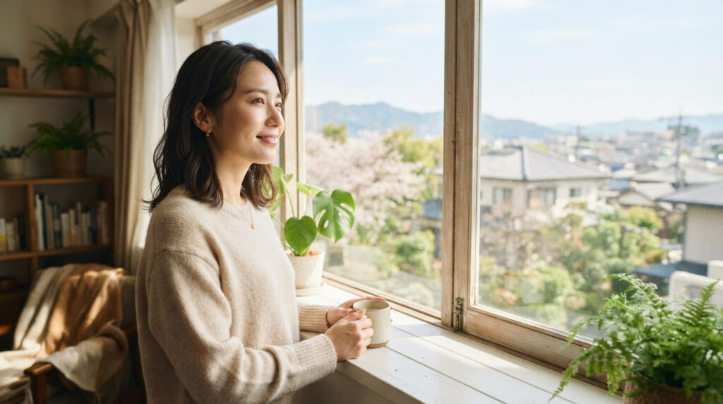 明るい光が差し込む窓辺で安心した表情をする日本人女性のイメージ