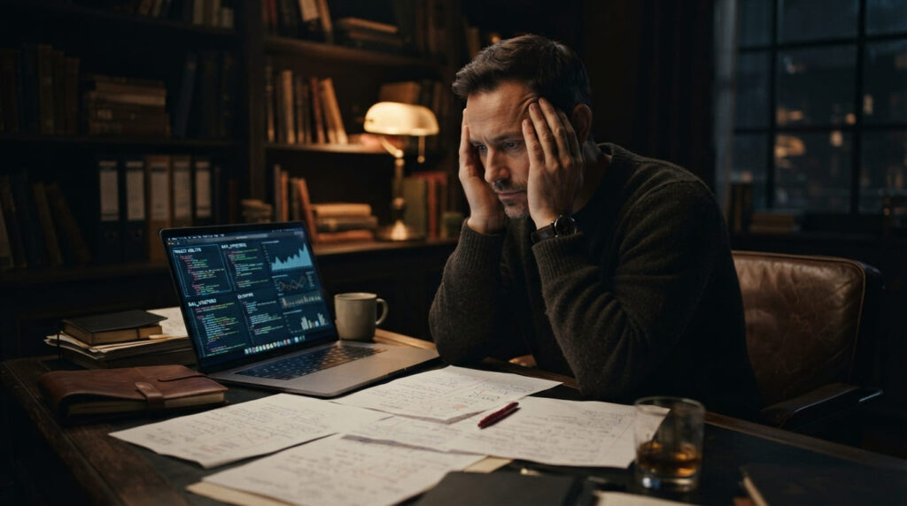 デスクに向かい冷静に資料やPCを見つめて思案する様子
