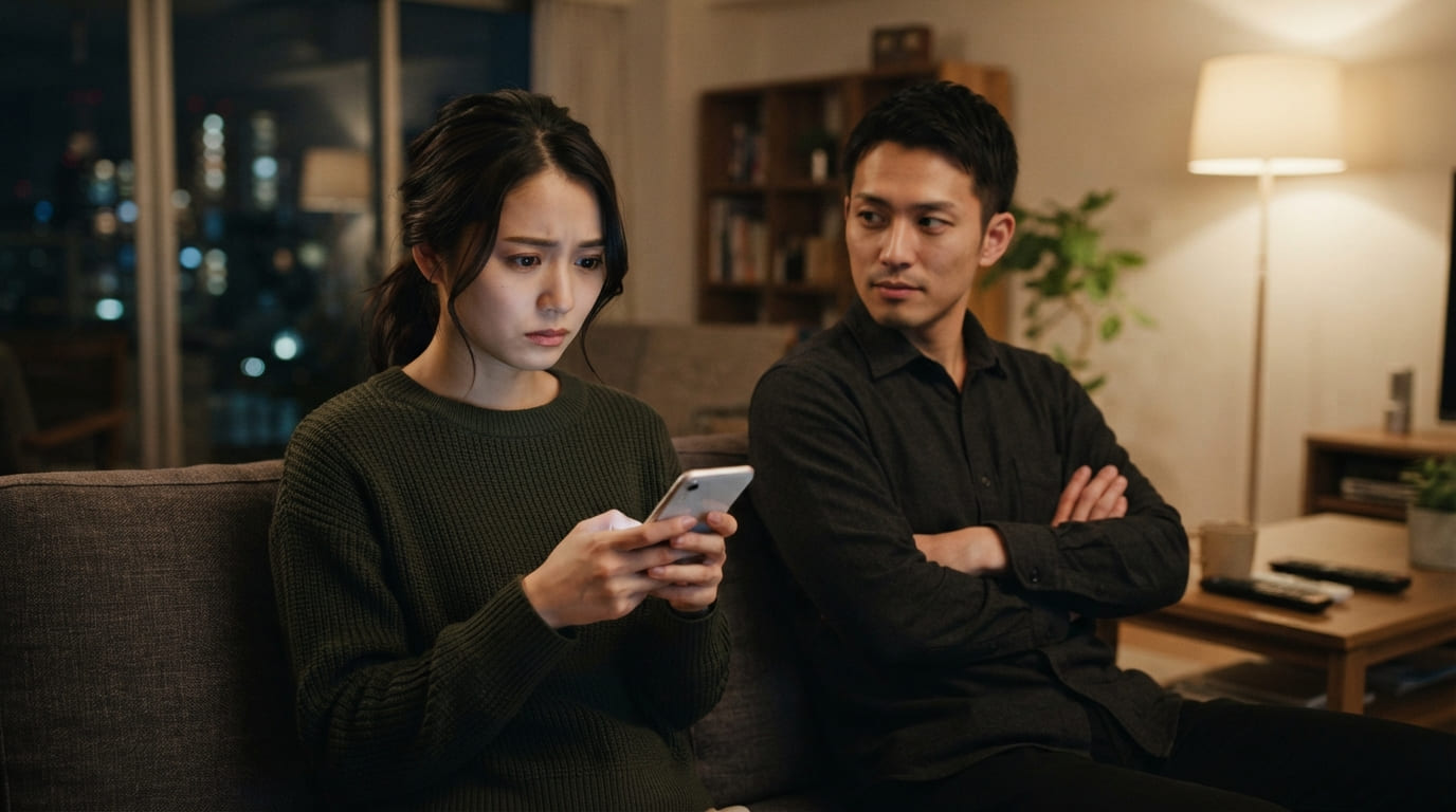 結婚前の金銭トラブルや信用調査を模した、不安な表情を浮かべる日本のカップルのイメージ